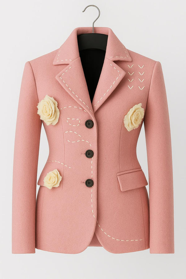 Pink Floral Wool Blazer: Hand Stitch Detail with Beige Rose Applique