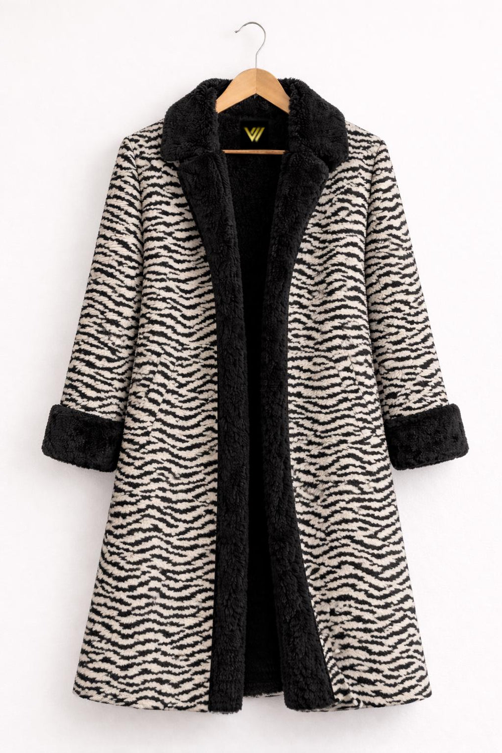 Zebra Print Wool Coat with Black Faux Fur Trim Long Winter Overcoat