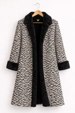Zebra Print Wool Coat with Black Faux Fur Trim Long Winter Overcoat