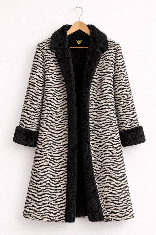 Zebra Print Wool Coat with Black Faux Fur Trim Long Winter Overcoat