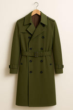 Olive Green Trench Coat: Double-Breasted Belted Vintage Overcoat
