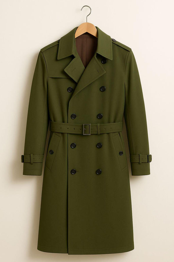 Olive Green Trench Coat: Double-Breasted Belted Vintage Overcoat