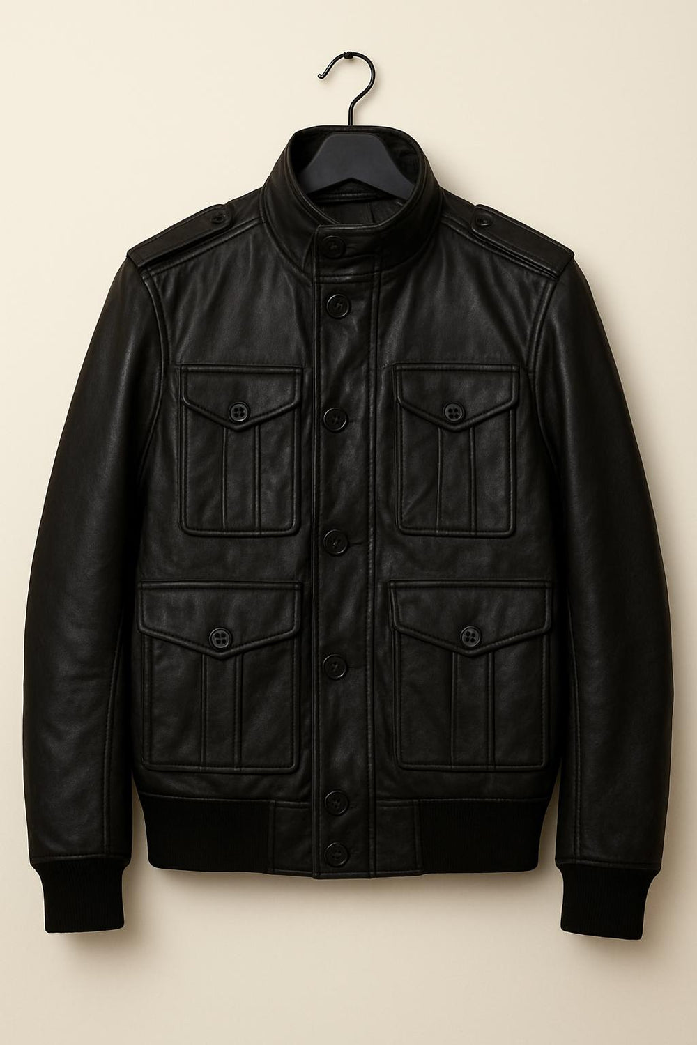 Handmade Black Leather Jacket – Classic Button-Up Motorcycle & Casual Wear