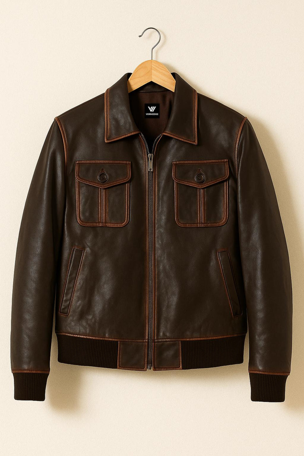 Brown Leather Bomber Jacket – Classic Aviator Style, Zip-Up Front, Retro Flight Jacket