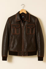 Brown Leather Bomber Jacket – Classic Aviator Style, Zip-Up Front, Retro Flight Jacket
