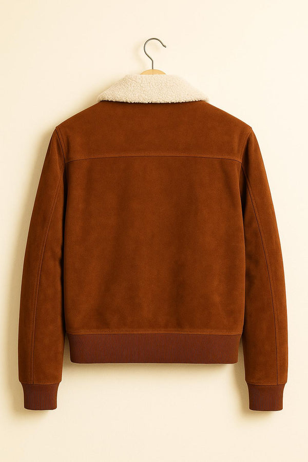 Handmade Brown Suede Shearling Bomber Jacket: Men's Vintage Aviator Coat