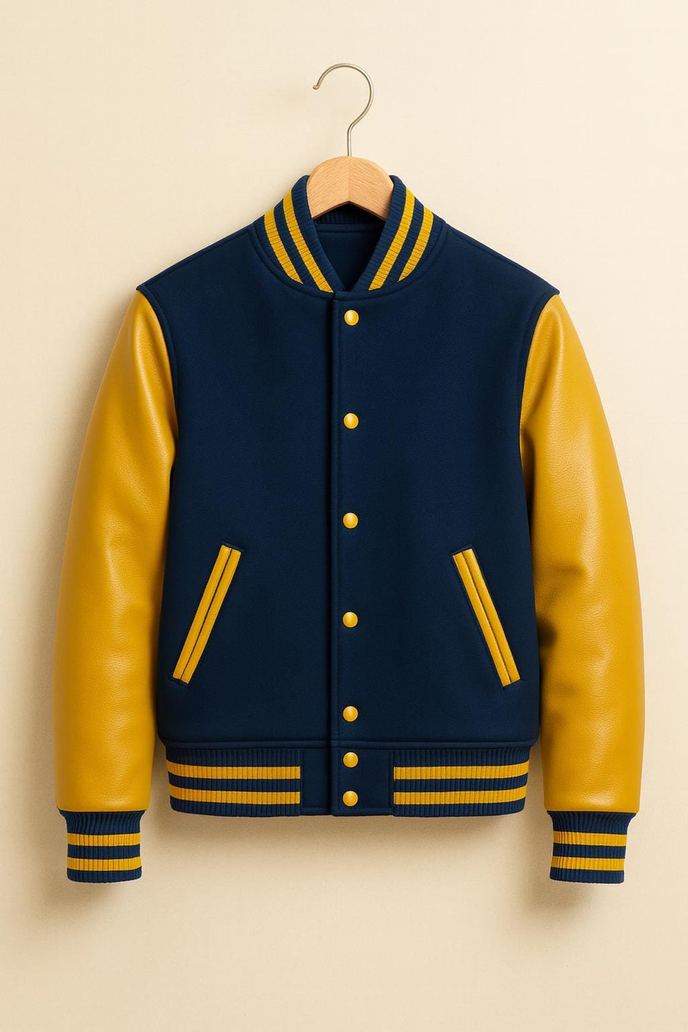 Navy Blue and Yellow Varsity Jacket – Classic Wool Letterman Bomber Coat