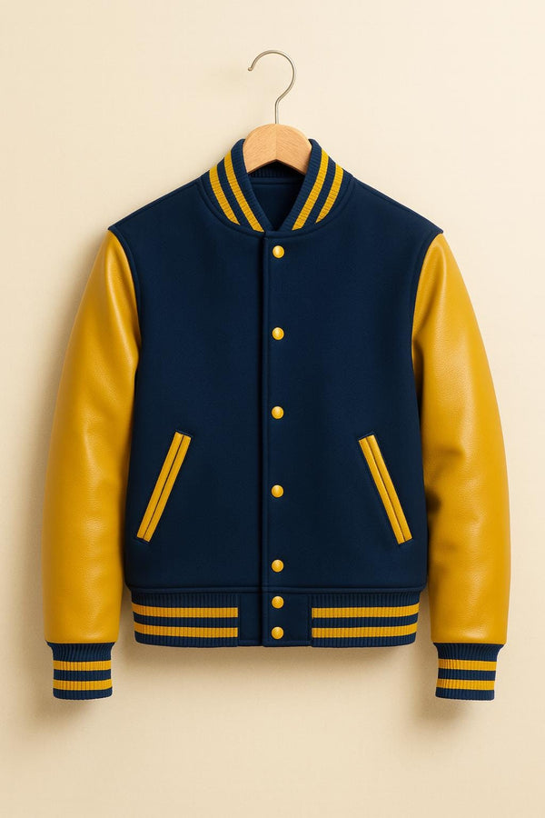Navy Blue and Yellow Varsity Jacket – Classic Wool Letterman Bomber Coat