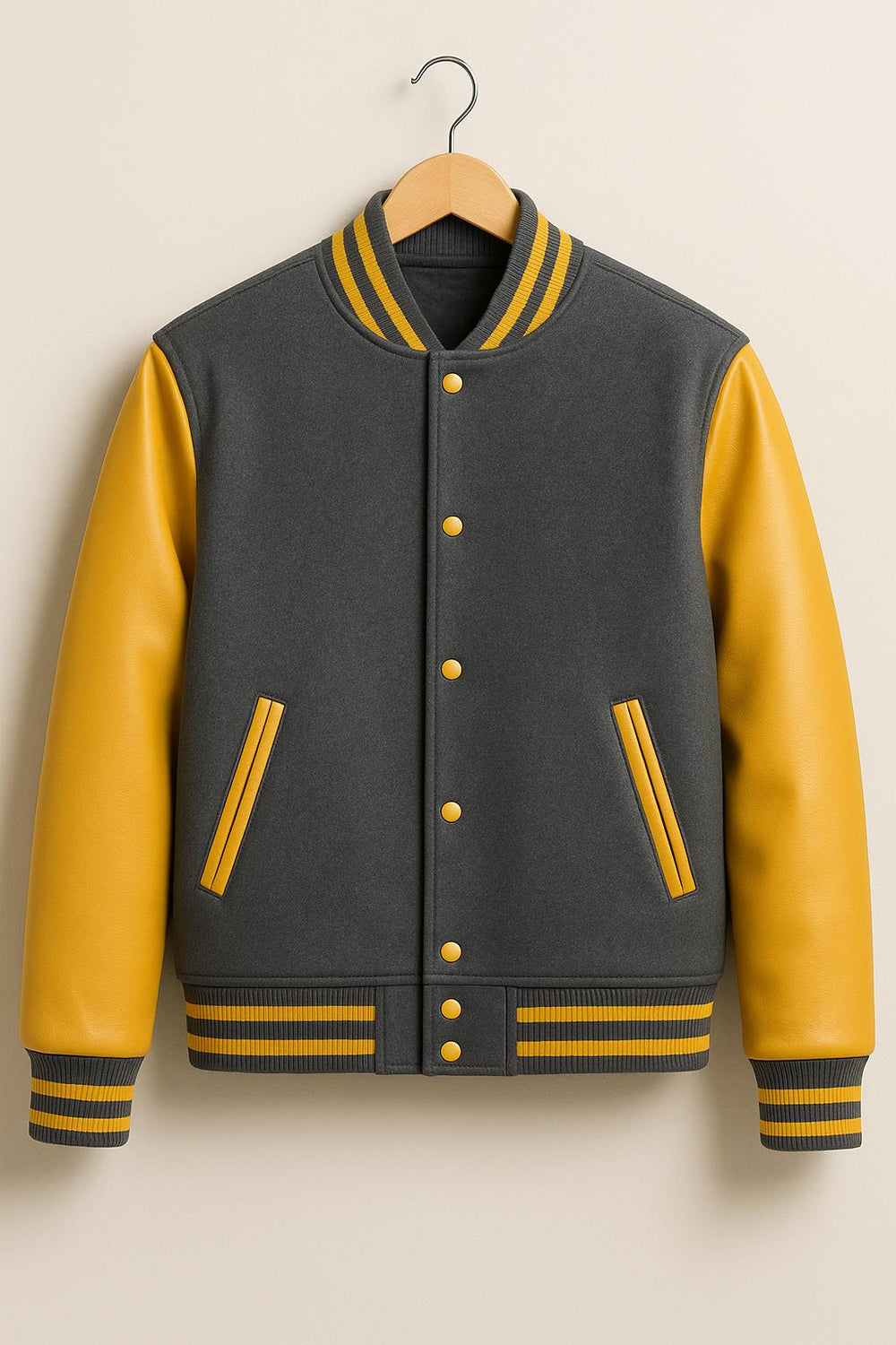 Charcoal and Yellow Varsity Jacket – Classic Wool Letterman Bomber