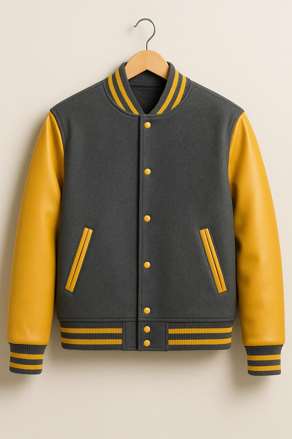 Charcoal and Yellow Varsity Jacket – Classic Wool Letterman Bomber