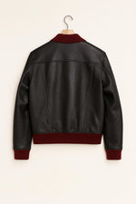 Black Leather Bomber Jacket with Maroon Collar – Men’s Vintage Style Coat