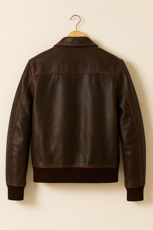 Brown Leather Bomber Jacket – Classic Aviator Style, Zip-Up Front, Retro Flight Jacket