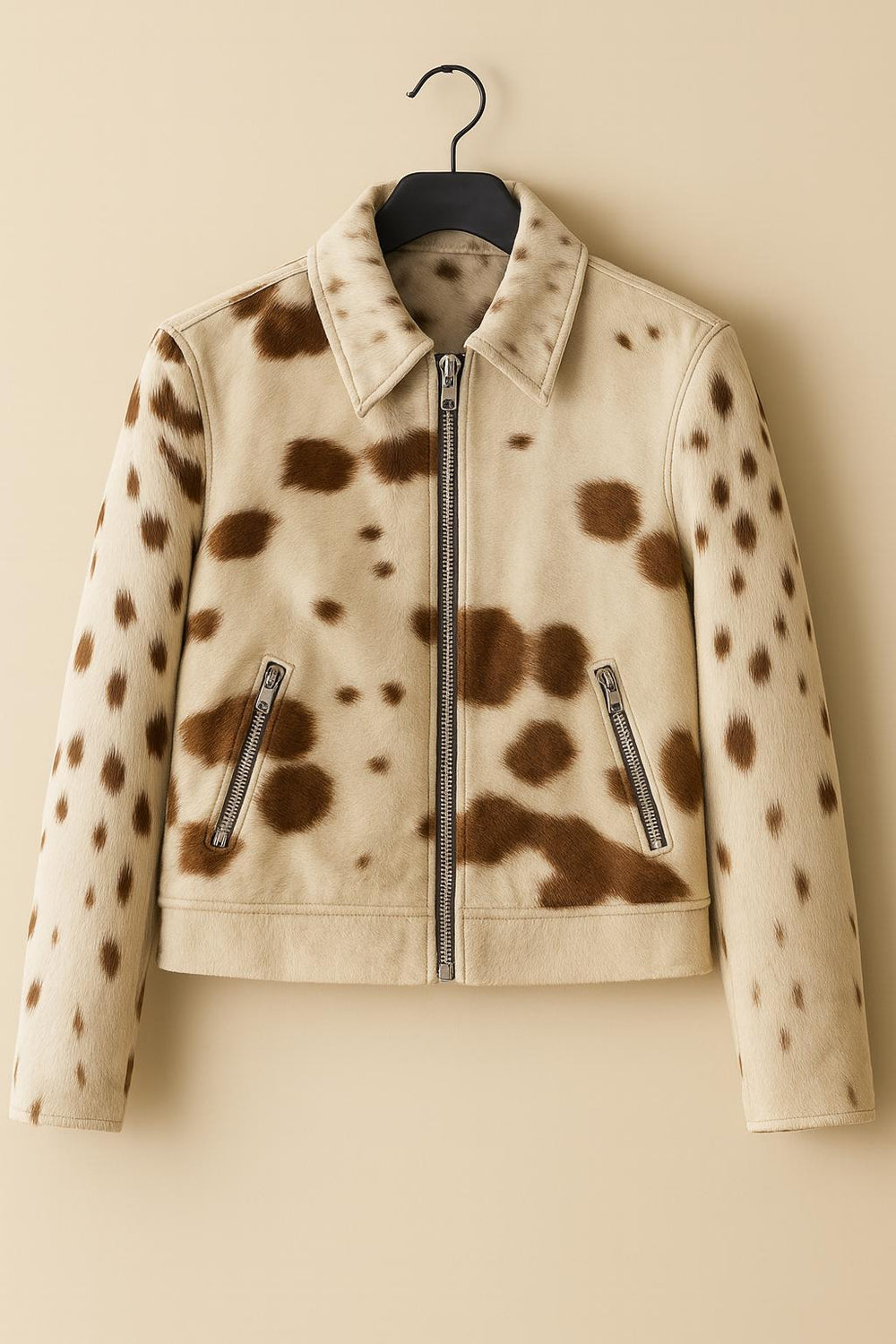 Handmade Cowhide Leather Jacket – Natural Fur Pattern, Vintage Rodeo Style