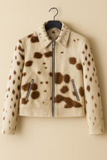 Handmade Cowhide Leather Jacket – Natural Fur Pattern, Vintage Rodeo Style