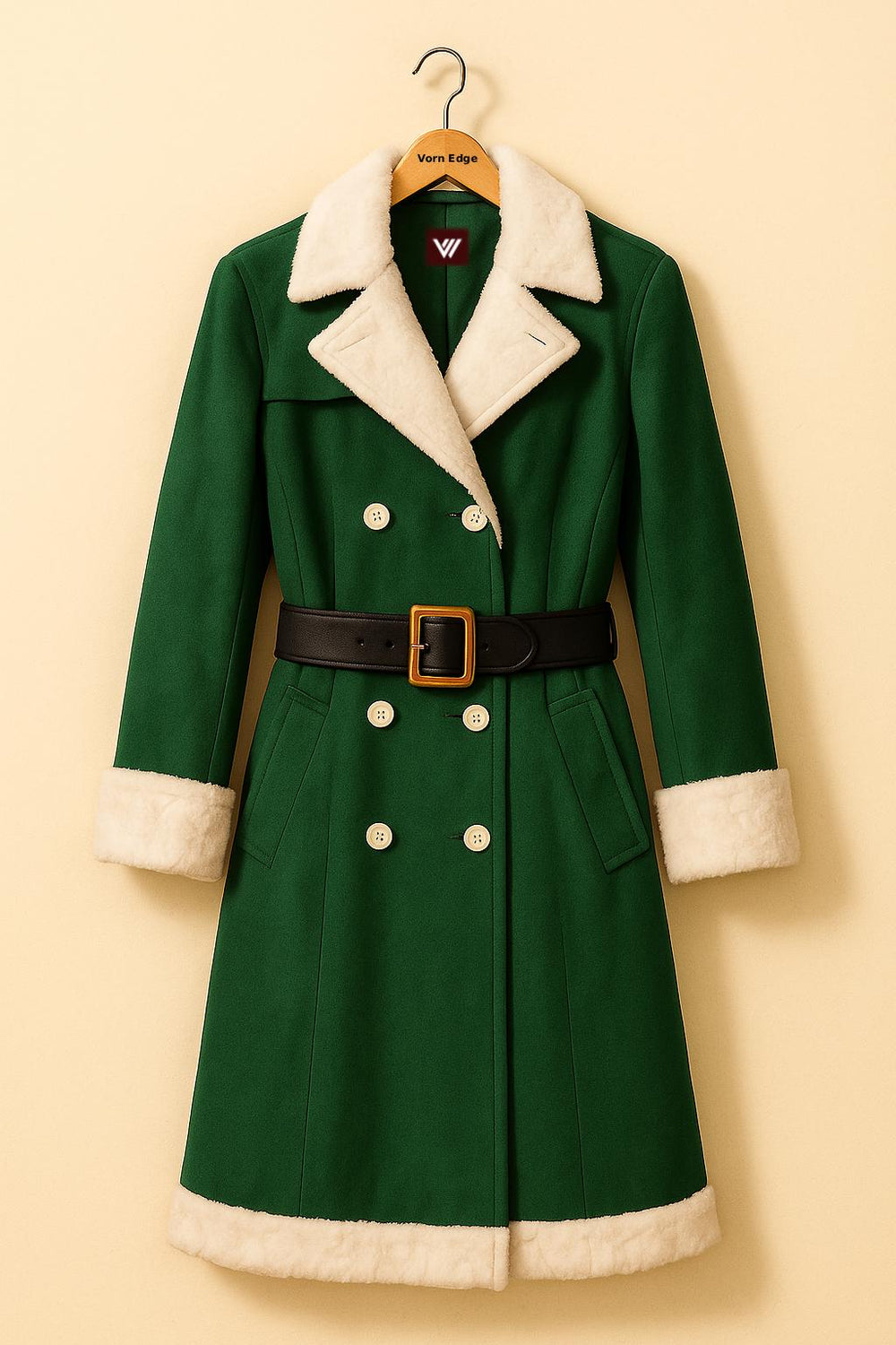 Green Santa Trench Coat with White Fur Trim | Christmas Winter Coat