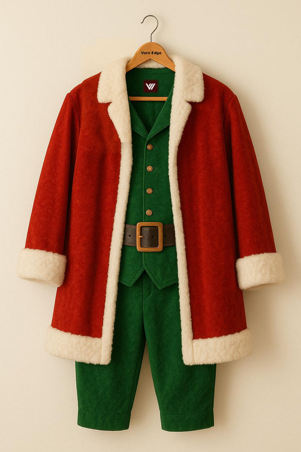 Santa Elf Costume Set – Red and Green Christmas Suit with Vest, Pants and Hat