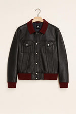 Black Leather Bomber Jacket with Maroon Collar – Men’s Vintage Style Coat