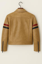 Handmade Tan Leather Biker Jacket: Red & Blue Stripe Moto Jacket