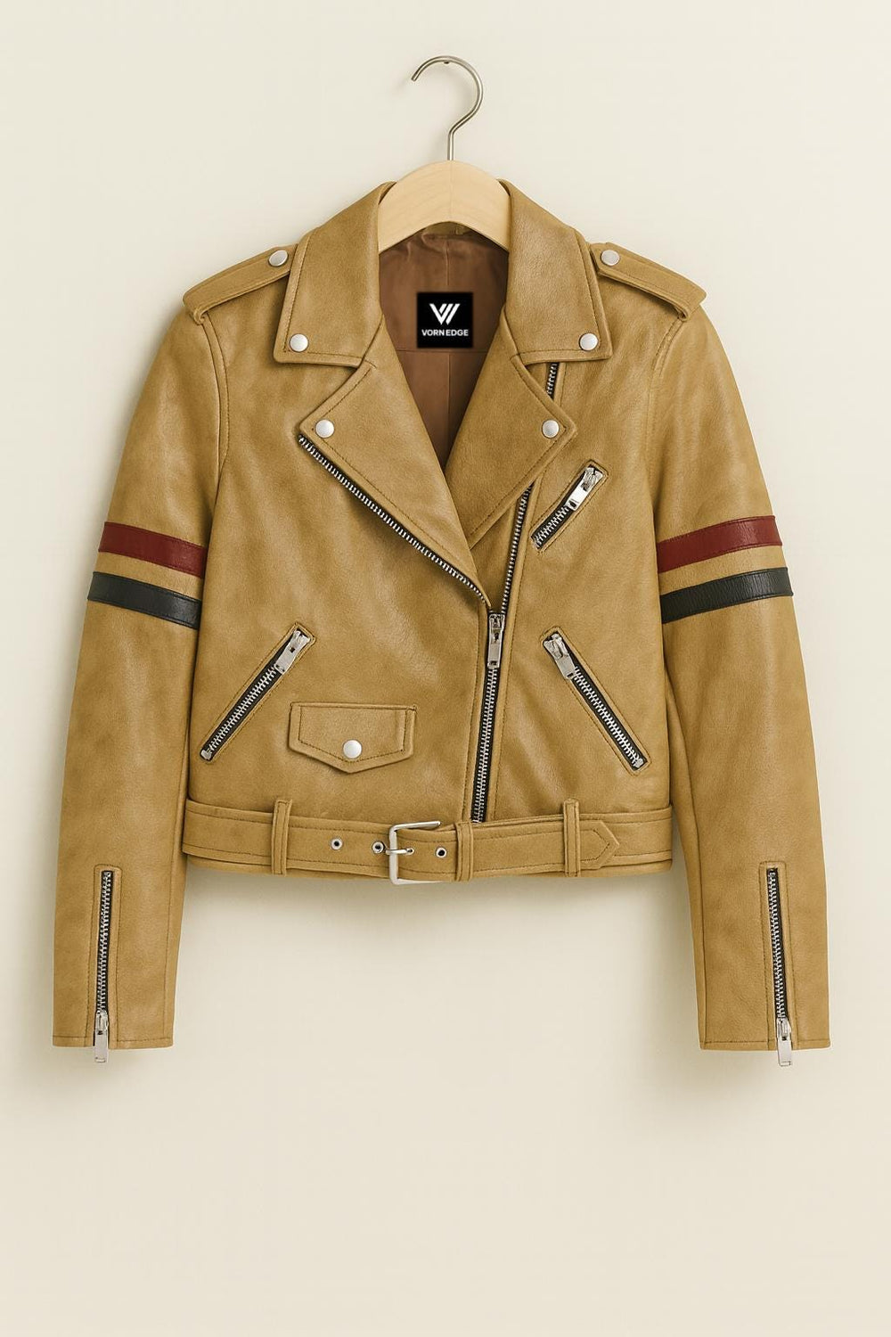 Handmade Tan Leather Biker Jacket: Red & Blue Stripe Moto Jacket