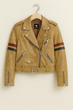 Handmade Tan Leather Biker Jacket: Red & Blue Stripe Moto Jacket