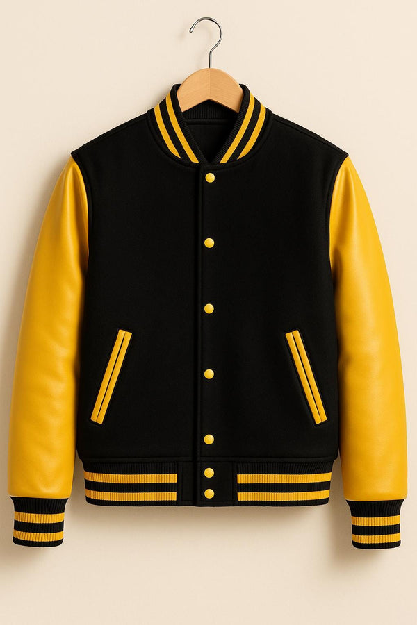 Black and Yellow Varsity Jacket – Classic Wool Letterman Bomber Coat