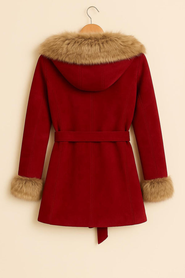 Red Faux Suede Coat with Brown Fur Trim | Vintage Belted Winter Jacket