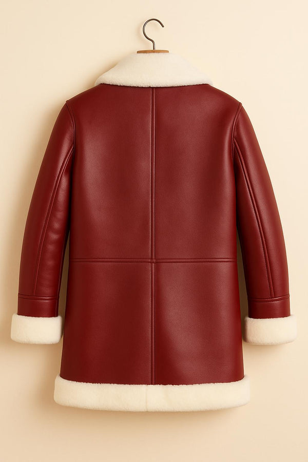 Red Shearling Coat with Buckle Details | Vintage Faux Leather Jacket