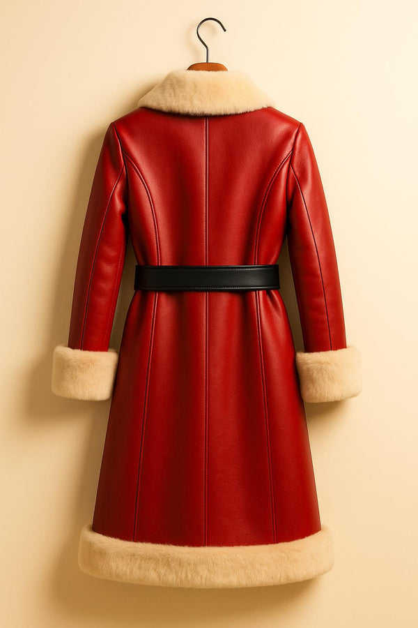 Red Leather Santa Coat | Luxury Double Breasted Christmas Jacket