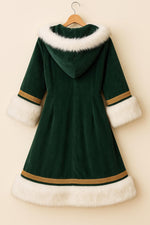 Santa Green Hooded Coat – Velvet Christmas Costume with Fur Trim