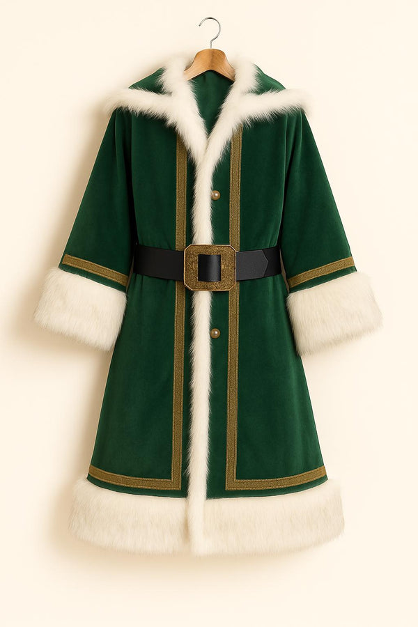 Santa Green Hooded Coat – Velvet Christmas Costume with Fur Trim