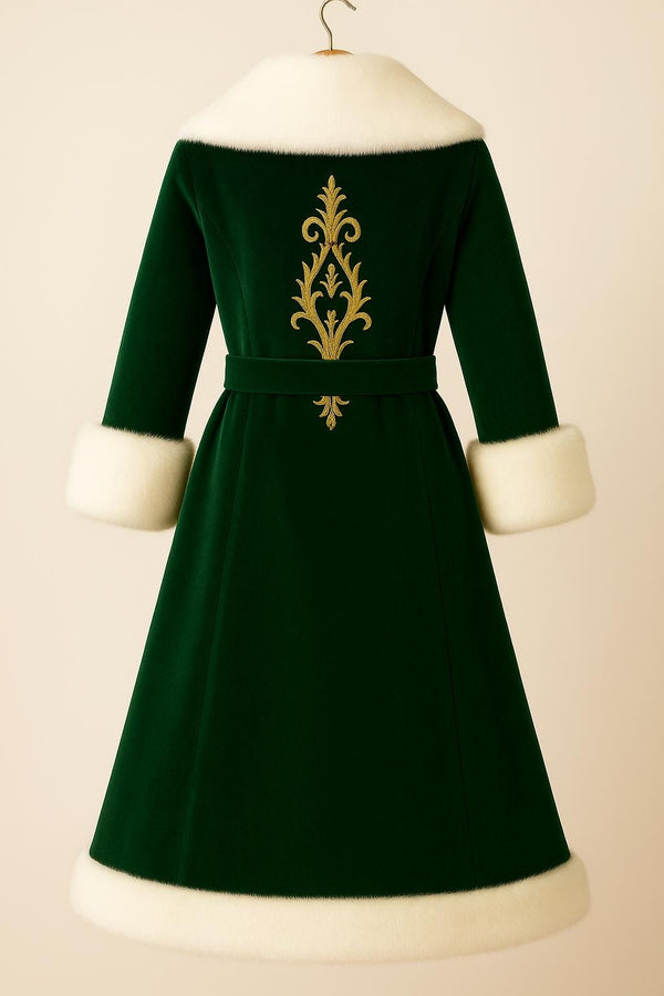 Green Velvet Santa Coat: Faux Fur Trim, Gold Embroidery