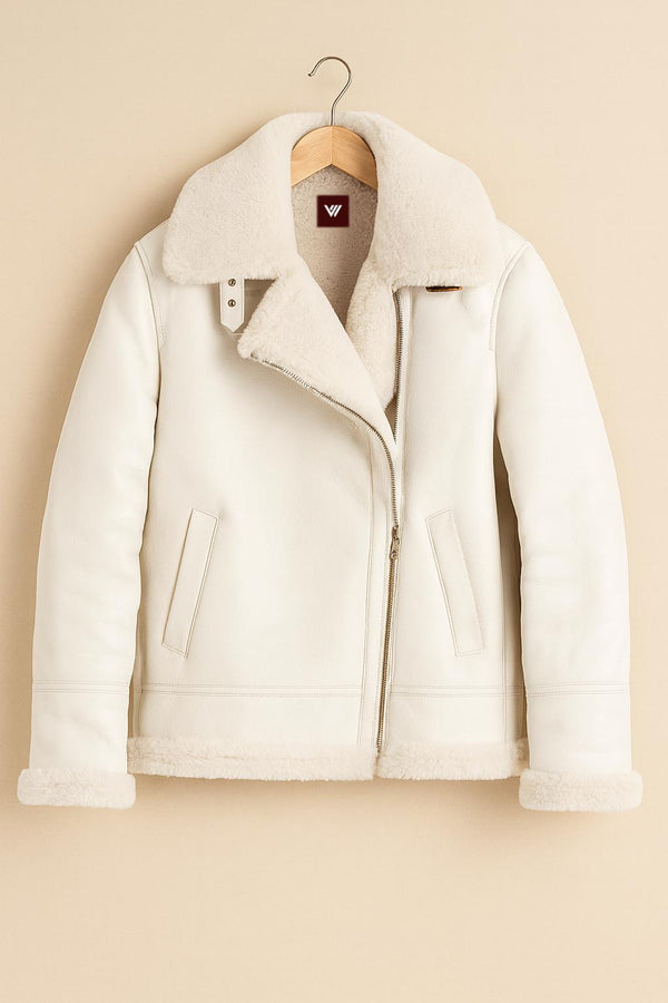 Luxury White Aviator Jacket – Leather Shearling Fur Lined Winter Coat