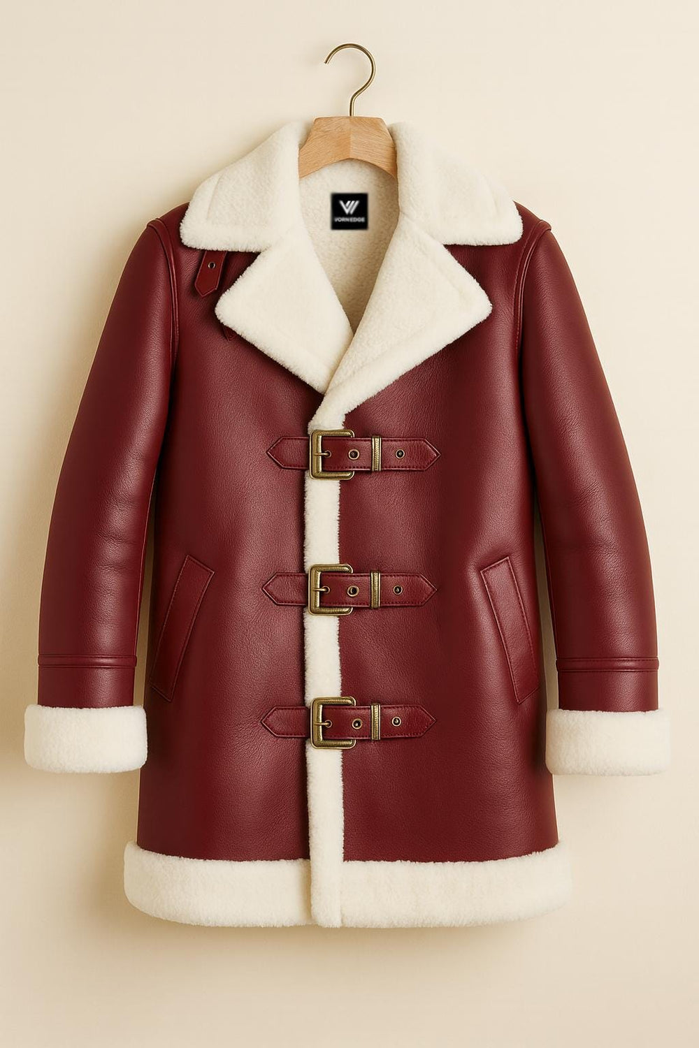Red Shearling Coat with Buckle Details | Vintage Faux Leather Jacket