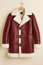 Red Shearling Coat with Buckle Details | Vintage Faux Leather Jacket