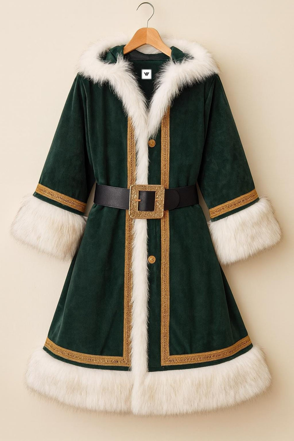 Santa Green Hooded Coat – Velvet Christmas Costume with Fur Trim