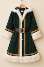 Santa Green Hooded Coat – Velvet Christmas Costume with Fur Trim