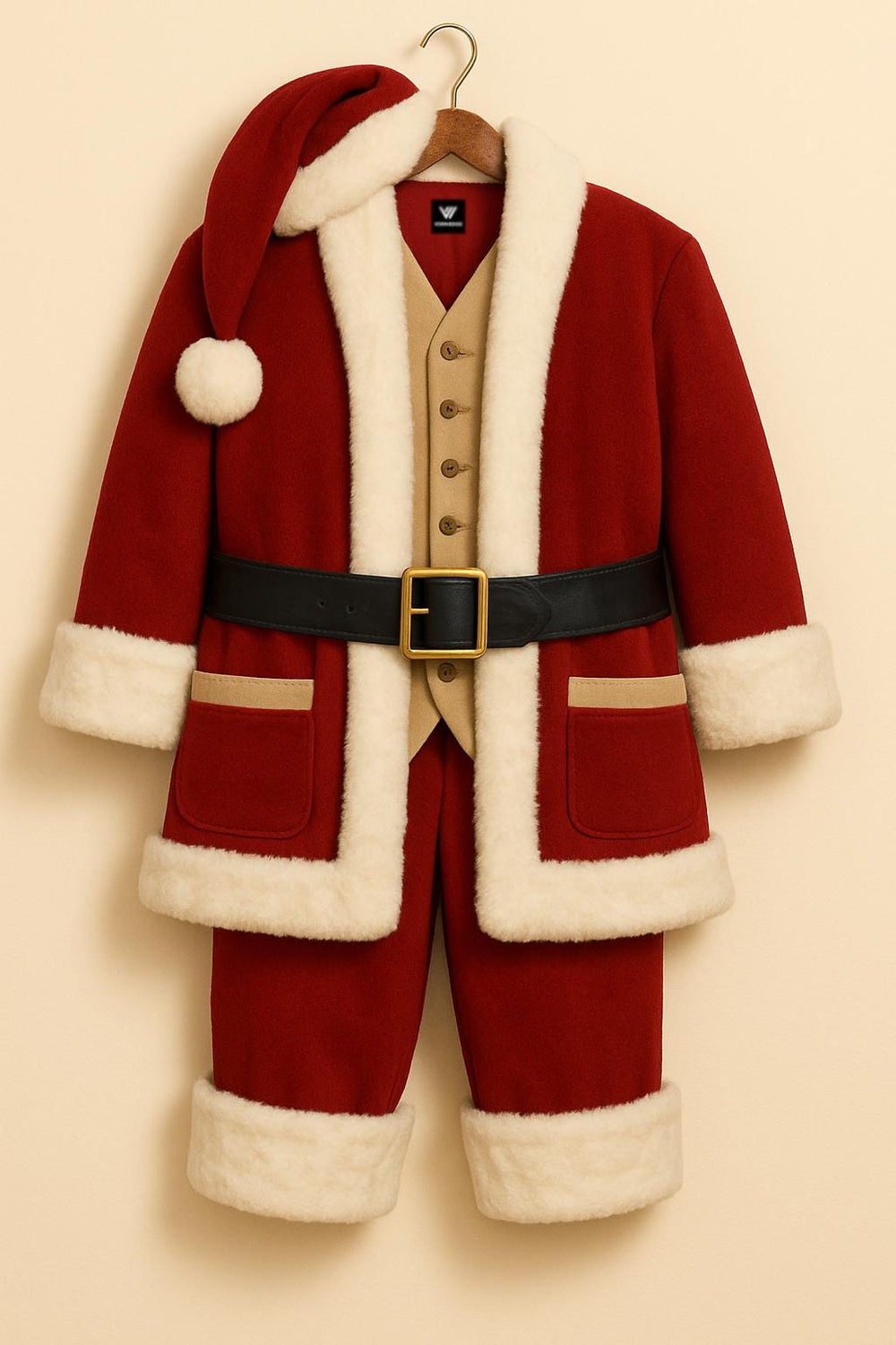 Luxury Red Wool Santa Suit with White Fur Trim & Beige Vest