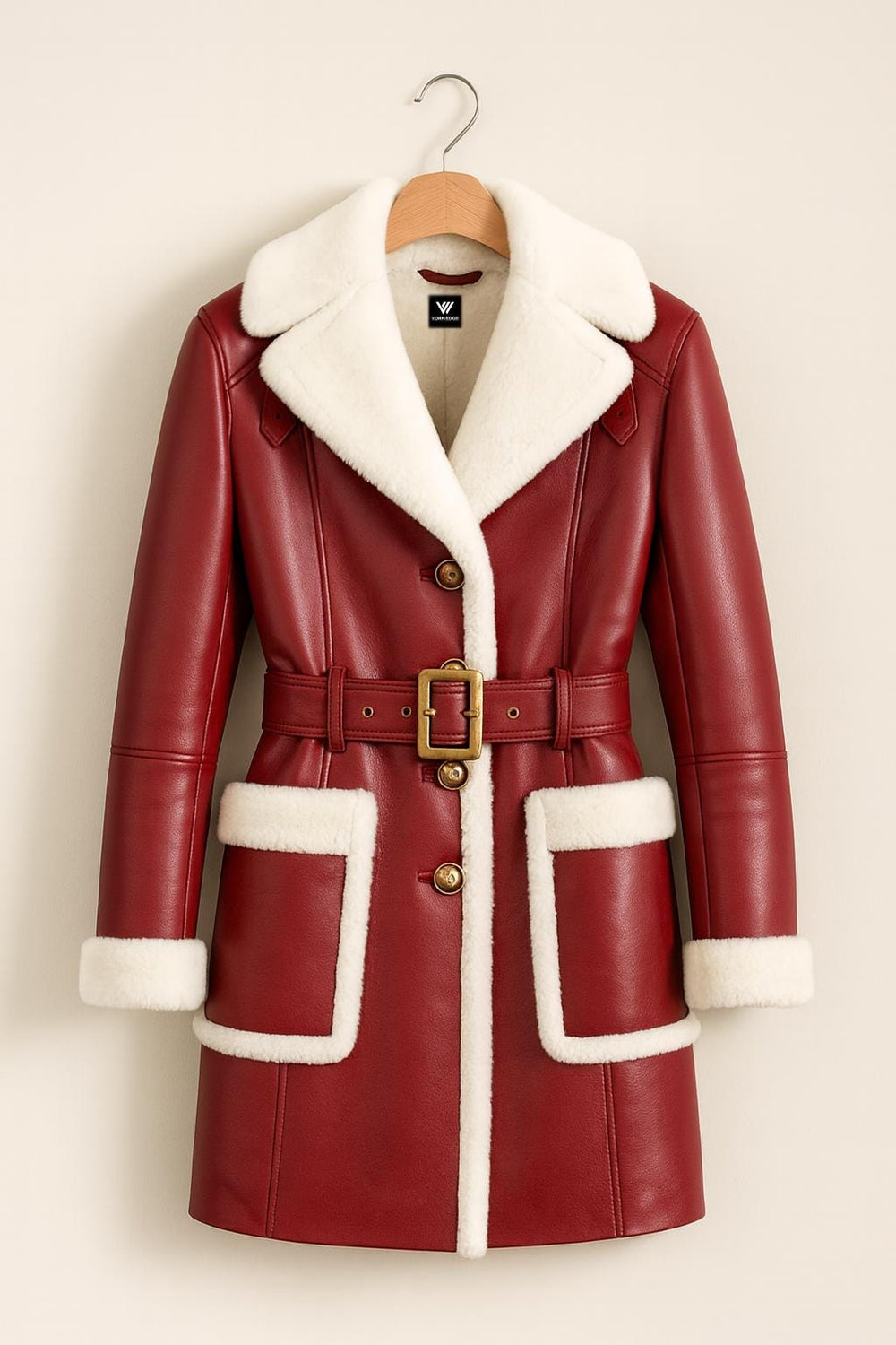 Vintage Red Christmas Coat – Fur Trim Santa Shearling Jacket