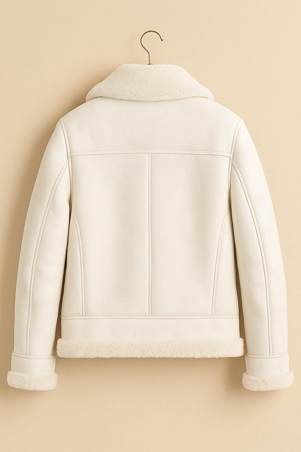 Luxury White Aviator Jacket – Leather Shearling Fur Lined Winter Coat