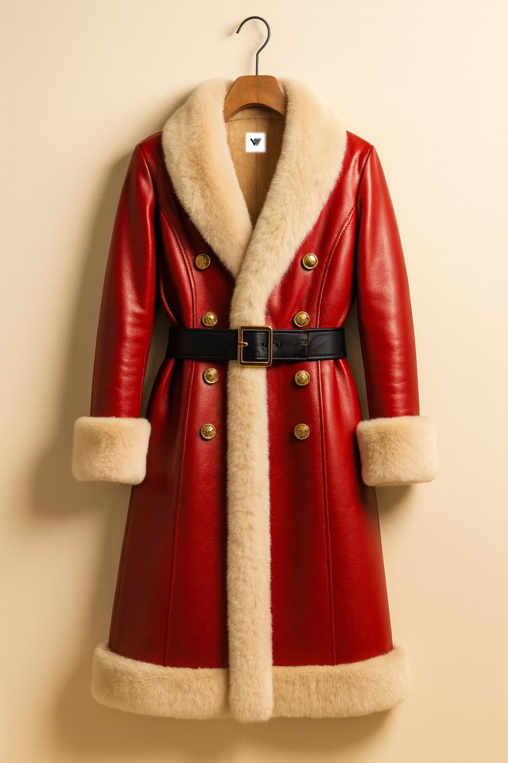 Red Leather Santa Coat | Luxury Double Breasted Christmas Jacket