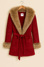 Red Faux Suede Coat with Brown Fur Trim | Vintage Belted Winter Jacket