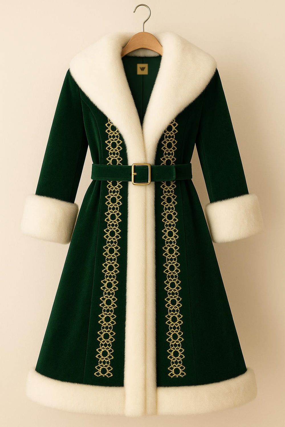 Green Velvet Santa Coat: Faux Fur Trim, Gold Embroidery