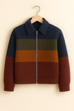 Wool Colorblock Jacket – Striped Winter Coat with Zipper