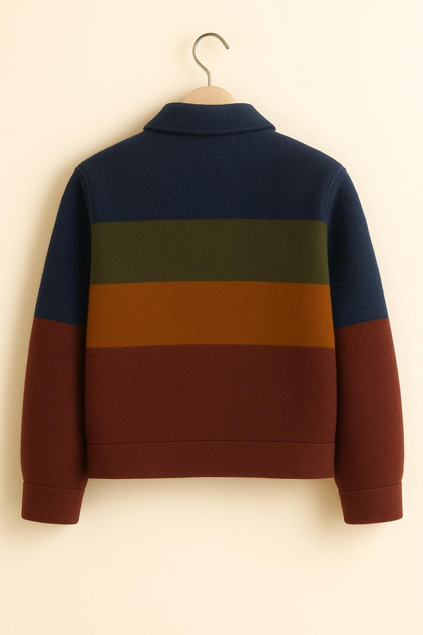 Wool Colorblock Jacket – Striped Winter Coat with Zipper