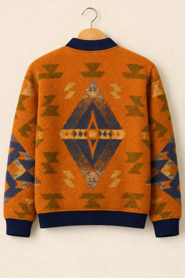 Rust Orange Aztec Bomber Jacket – Tribal Pattern Vintage Outerwear
