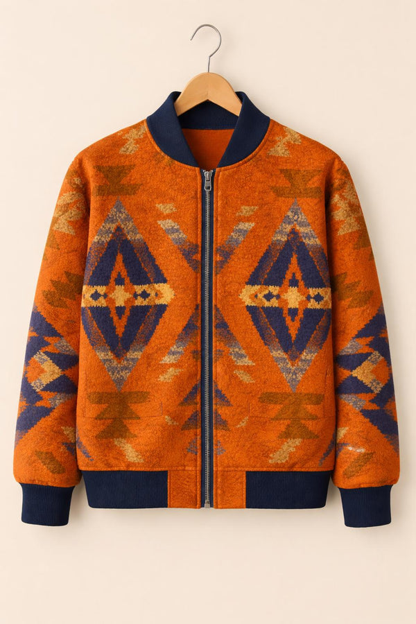 Rust Orange Aztec Bomber Jacket – Tribal Pattern Vintage Outerwear