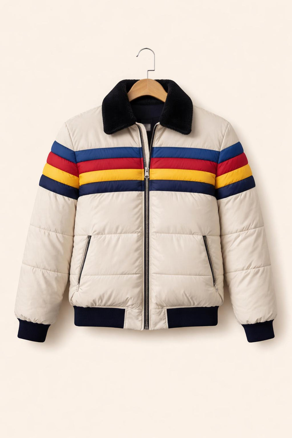 Retro Rainbow Puffer Jacket for Men – Handmade Color Block Winter Jacket, Quilted Bomber