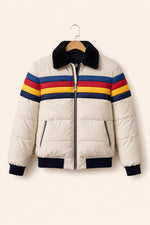 Retro Rainbow Puffer Jacket for Men – Handmade Color Block Winter Jacket, Quilted Bomber
