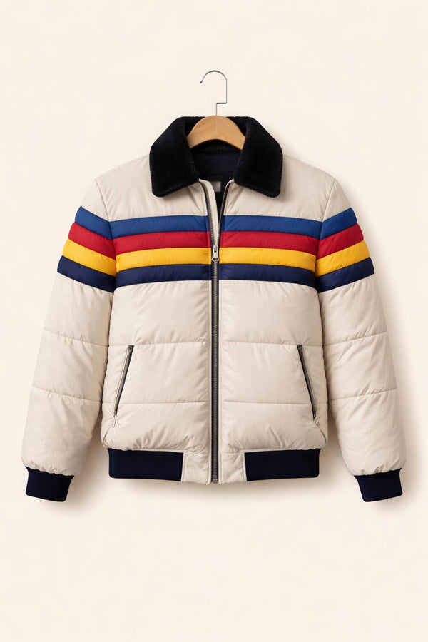 Retro Rainbow Puffer Jacket for Men – Handmade Color Block Winter Jacket, Quilted Bomber