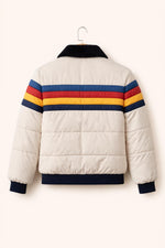 Retro Rainbow Puffer Jacket for Men – Handmade Color Block Winter Jacket, Quilted Bomber